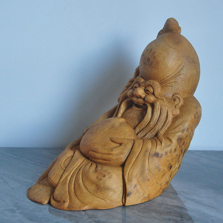 竹根雕【坐像老寿星】中式摆件 纯手工雕刻国风装饰创意家居饰品