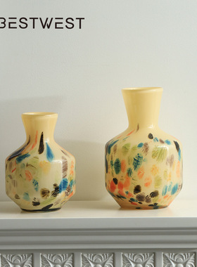 博西家居  中古芬顿琥珀玉质玻璃花瓶样板房客厅家居摆件琉璃花器