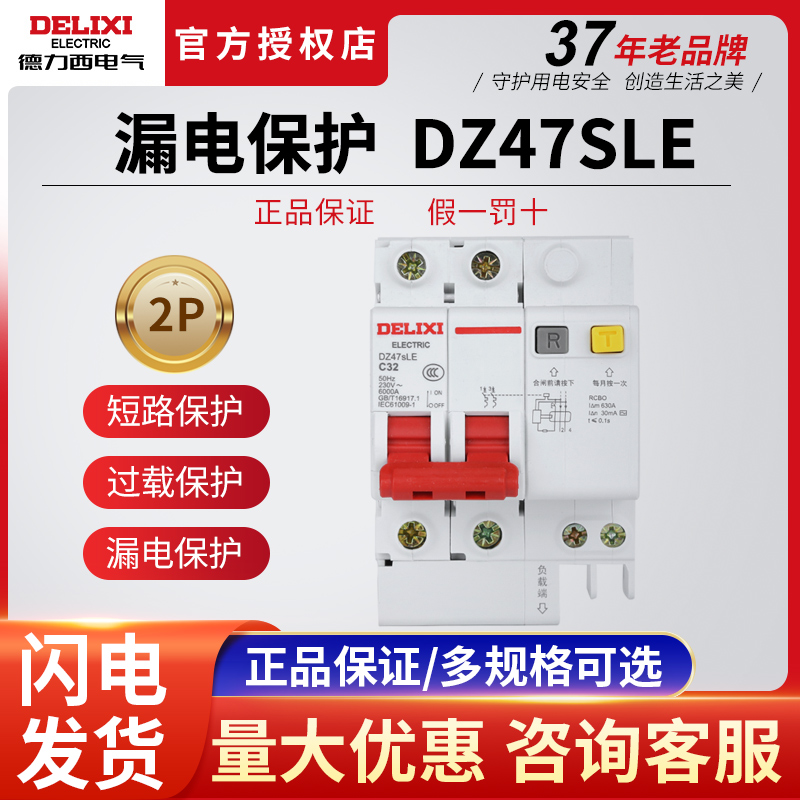 德力西2P漏电保护器家用DZ47SLE断路器空开带漏保25A20A32A