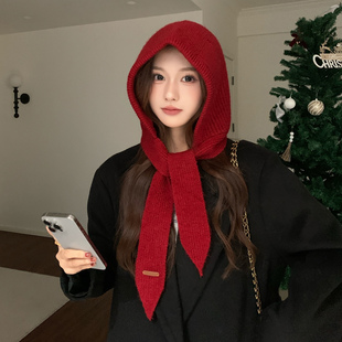 羊毛混纺红色帽子女冬2025新款 秋冬巴拉克拉法帽帽子围巾一体百搭