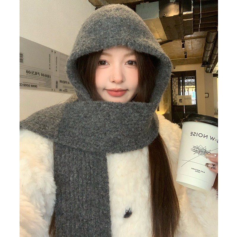 灰色加厚帽子围巾一体女款2025新