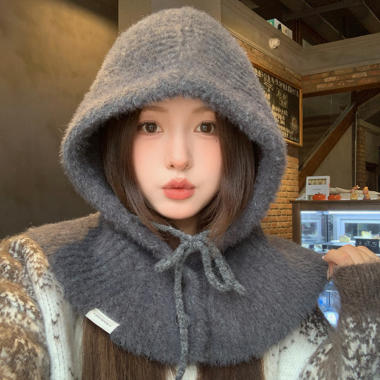 灰色巴拉克拉法帽围脖一体帽子女