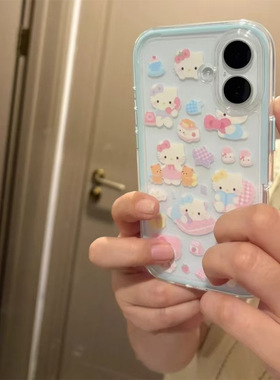 创意卡通蛋糕满屏KT猫适用于iPhone17/16promax三合一天蓝手机壳新款15pro/14保护壳16plus全包边14pro保护套