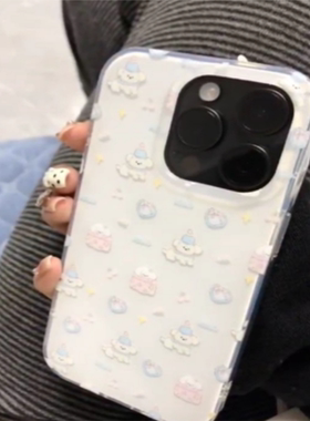 ins风可爱双层IMD蓝色帽子小狗适用于iPhone16promax手机壳苹果15/14pro卡通12/13pro全包防摔11透明壳保护套