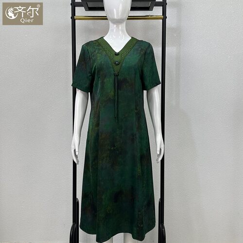 杭州香云纱真丝高端中老年印花连衣裙夏季妈妈桑蚕丝中长款过膝裙