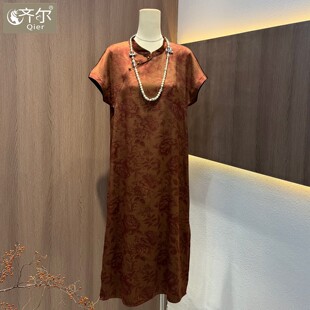 旗袍领短袖连衣裙女中老年妈妈装缎面夏季中长款显瘦印花裙子长款