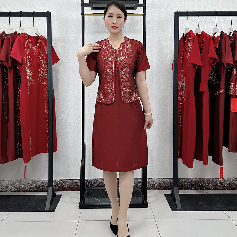 喜婆婆婚礼礼服夏季大码结婚红色旗袍两件套短袖喜服胖妈妈连衣裙