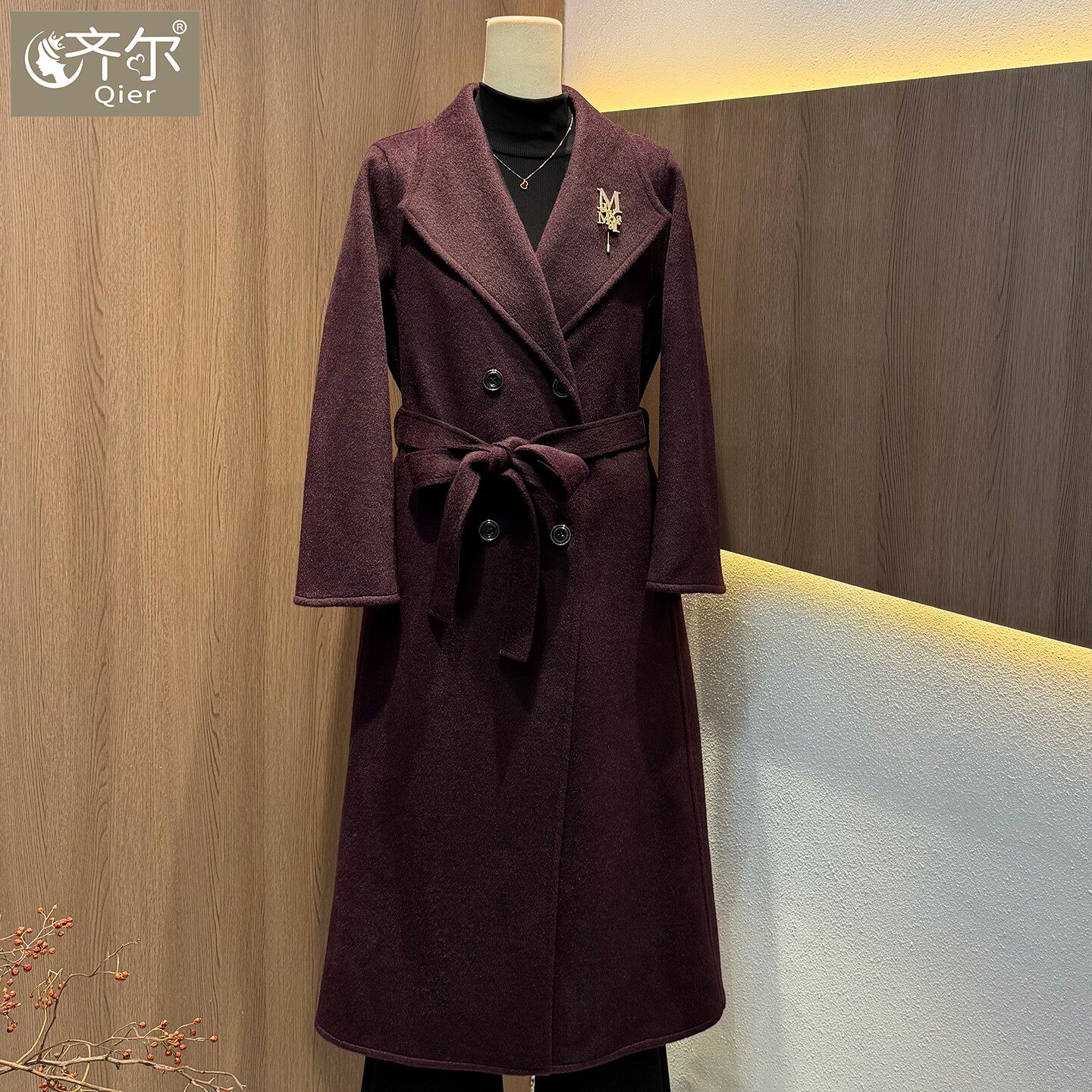 双面羊毛呢外套女妈妈装秋冬新款修身显瘦腰带中长款气质毛呢大衣