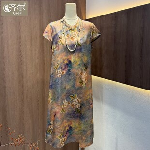 新中式浮光锦缎提花气质妈妈夏装连衣裙女中老年改良旗袍中长裙子