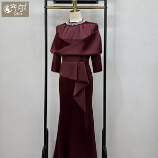 重工喜妈妈婚宴旗袍十月新款喜婆婆高档婚礼加长款鱼尾礼服丈母娘