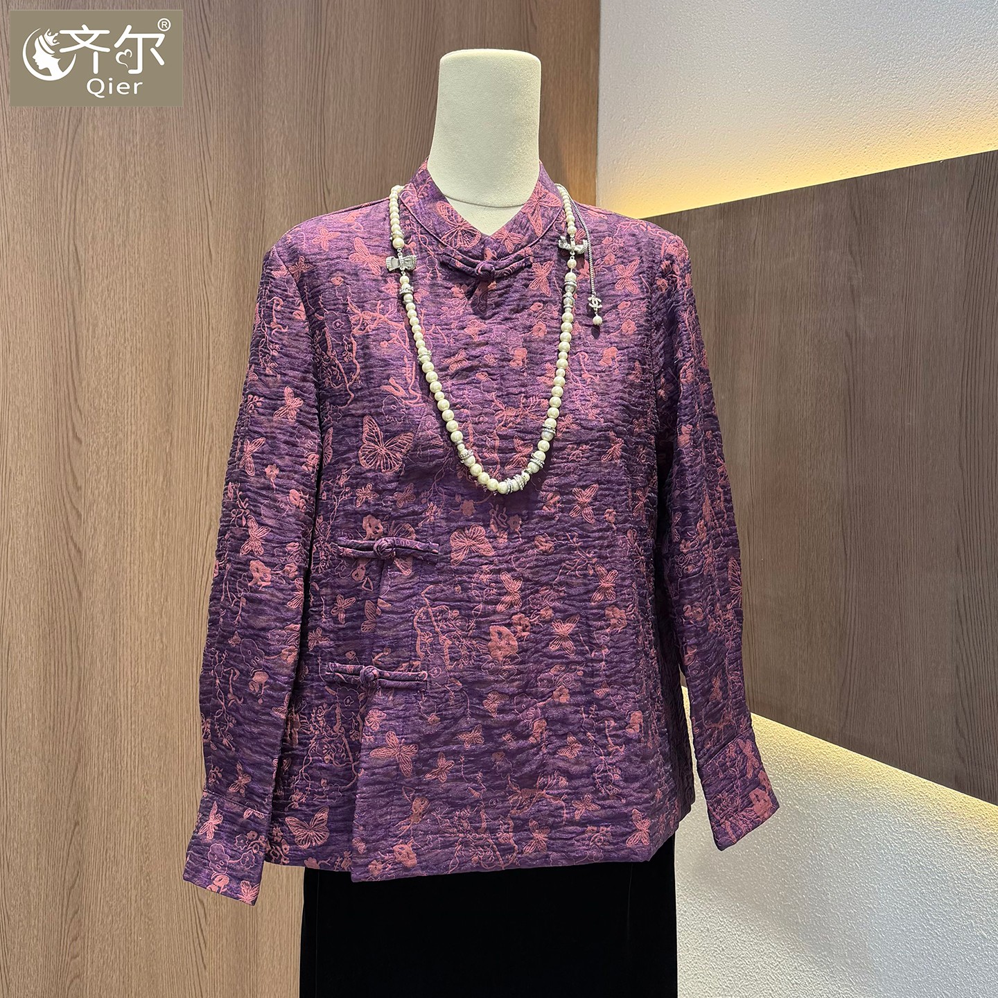 年货新中式开衫旗袍小衫时尚复古提花真丝缎褶皱盘扣长袖妈妈衬衫