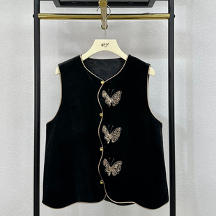 新中式丝绒马甲女轻奢钉珠上衣2025秋新款高级感蝴蝶刺绣马夹大牌