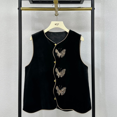 新中式丝绒马甲女轻奢钉珠上衣2025秋新款高级感蝴蝶刺绣马夹大牌