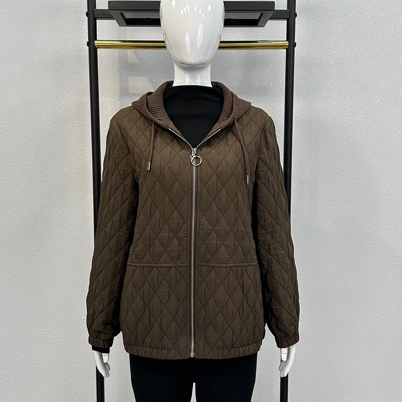 品牌2024年秋季妈妈外套加棉新款宽松连帽轻薄棉服中老年女装冬