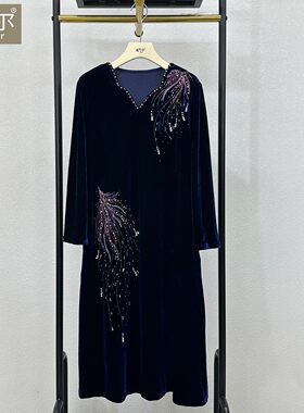高端婚礼妈妈装连衣裙中长款大码显瘦时尚中年女装春秋丝绒裙喜服