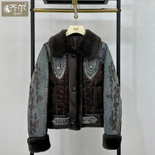 海宁高端美利奴真皮毛一体皮草白鹅绒羽绒服女短款牛仔外套冬季潮