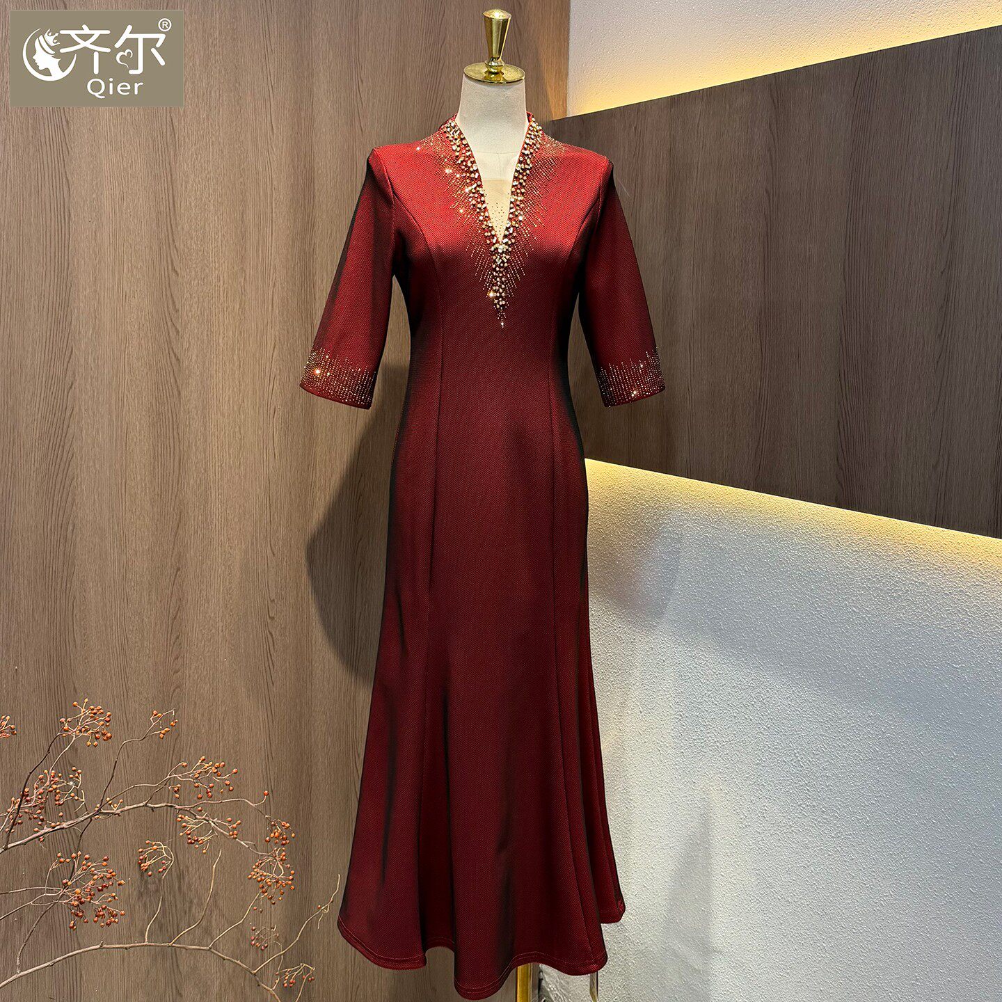礼服女宴会连衣裙妈妈婚宴装气质七分袖平时可穿喜婆婆V领敬酒服