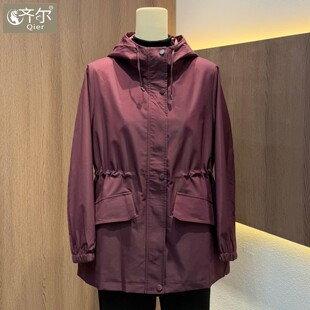 品牌中年妈妈春秋连帽风衣收腰大码中老年女装宽松休闲百搭外套