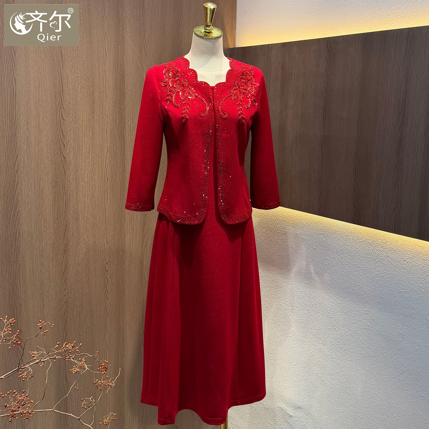 喜婆婆婚宴装长袖新款洋气高贵西服妈妈结婚礼服两件套连衣裙大码