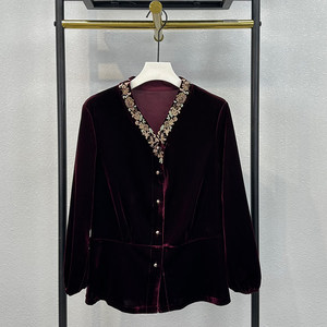 真丝绒上衣女2025春季新款气质V领显瘦开衫衬衫刺绣妈妈洋气小衫