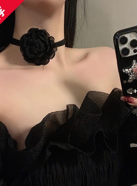 复古暗黑玫瑰山茶花项链女