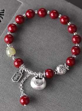 中式小胖福仿朱砂手链 女生仿古红色平安锁古风流苏手链学生手链