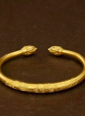 婚庆金镯子古法沙金莲韵花苞开口手镯荷花荷叶莲花实心中式手镯女