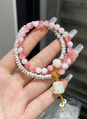 学生手链文艺名族风星月菩提拼寿山石双圈手链菩提根炭烧招财猫