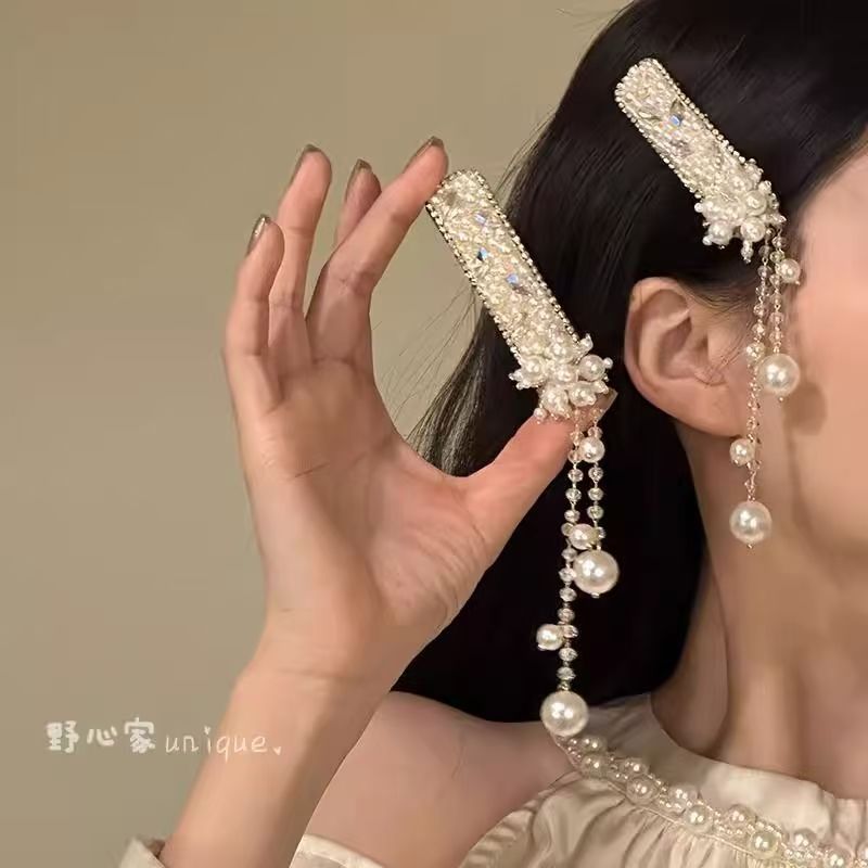 千金中式民族轻奢精致小众高级珍珠流苏发夹刘海侧边新款发饰头饰