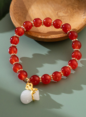 女孩七彩琉璃仿玉石手链白玉琉璃钱袋吊坠学生手链国风礼物饰品