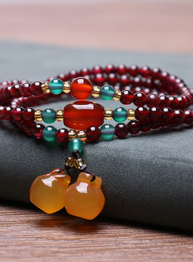 复古简约天然三圈石榴石手链女玉髓苹果葫芦吊坠手串中式古风手链