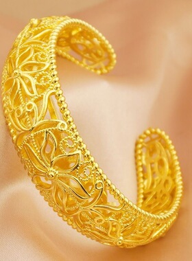 婚庆喜庆金镯子合金镀金手镯镂空花朵手环中式复古龙凤雕花纹手镯