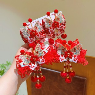 中国风儿童发饰新年红色喜庆蝴蝶发夹女童过年拜年服古装 汉服头饰