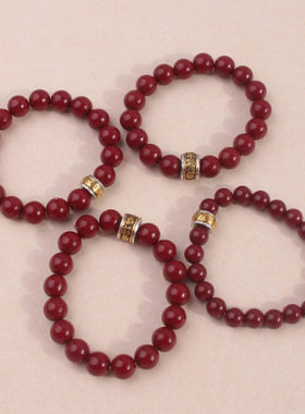 红色玻璃珠手链学生古风本命年仿朱砂单圈手串护身珠六字真言手链