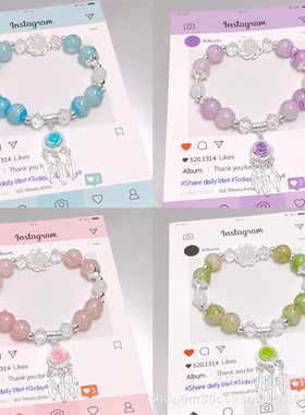 学生手链古风流苏手链新款玫瑰羽毛水墨串珠手链女孩甜美闺蜜手串