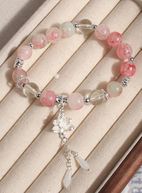 2条女孩琉璃手链新中式水墨画莲花手链国风流苏花朵手串学生手链