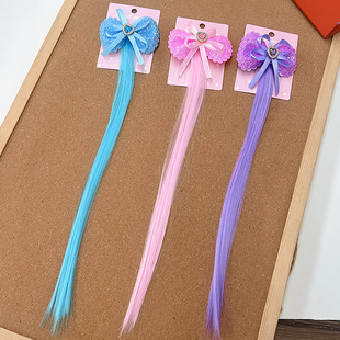 儿童彩色假发发夹女童蝴蝶结发卡彩色长直发发片夹子编发卡头饰