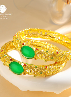 合金镀金中式手镯古法镶嵌镶钻绿宝石开口猫眼手镯镶钻卡扣手镯