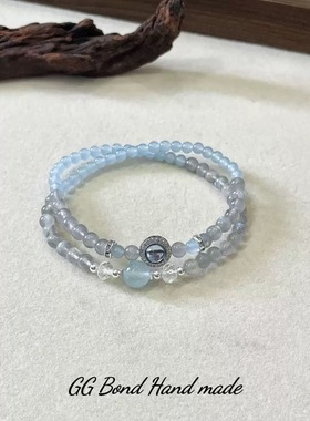 【初霁】白水晶灰月光海蓝宝双圈手链女生舒缓情绪闺蜜学生手串