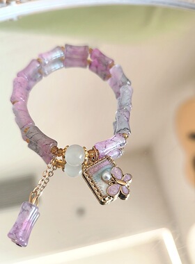 中式水墨竹节手串女孩蝴蝶珍珠串珠滴油流苏手链学生玻璃水晶手链