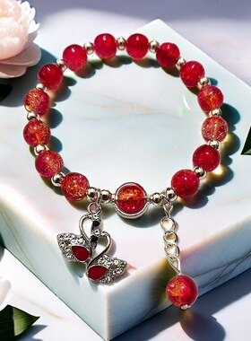 跨境浪漫悟空红爱心天鹅手链女学生ins韩版时尚8mm琉璃手串手饰