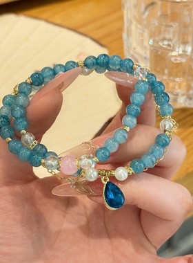 清凉夏日蓝色水滴眼泪琉璃手链女甜孩美中式双层手串学生闺蜜礼物