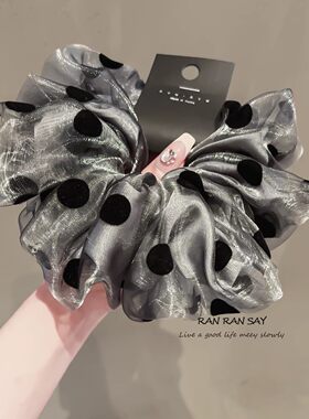灰色波点双层薄纱波点大肠发圈女大花边新款扎发头绳皮筋发绳