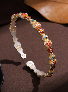 白铜镀银手镯时尚国潮手饰珐琅描金葫芦宝相花手镯开口吉言女银镯