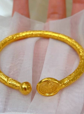 铜镀银婚庆金镯子同款古法沙金吉言手镯实心复古黄财神开口手镯女