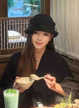 羊毛渔夫帽女秋冬赫本风高级感百搭盆帽小香风贝雷帽蝴蝶结礼帽子