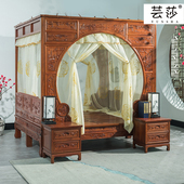 绣花床幔 双月洞拔步架子床浅黄祥云整体款 芸莎中式 蚊帐仿古典风格