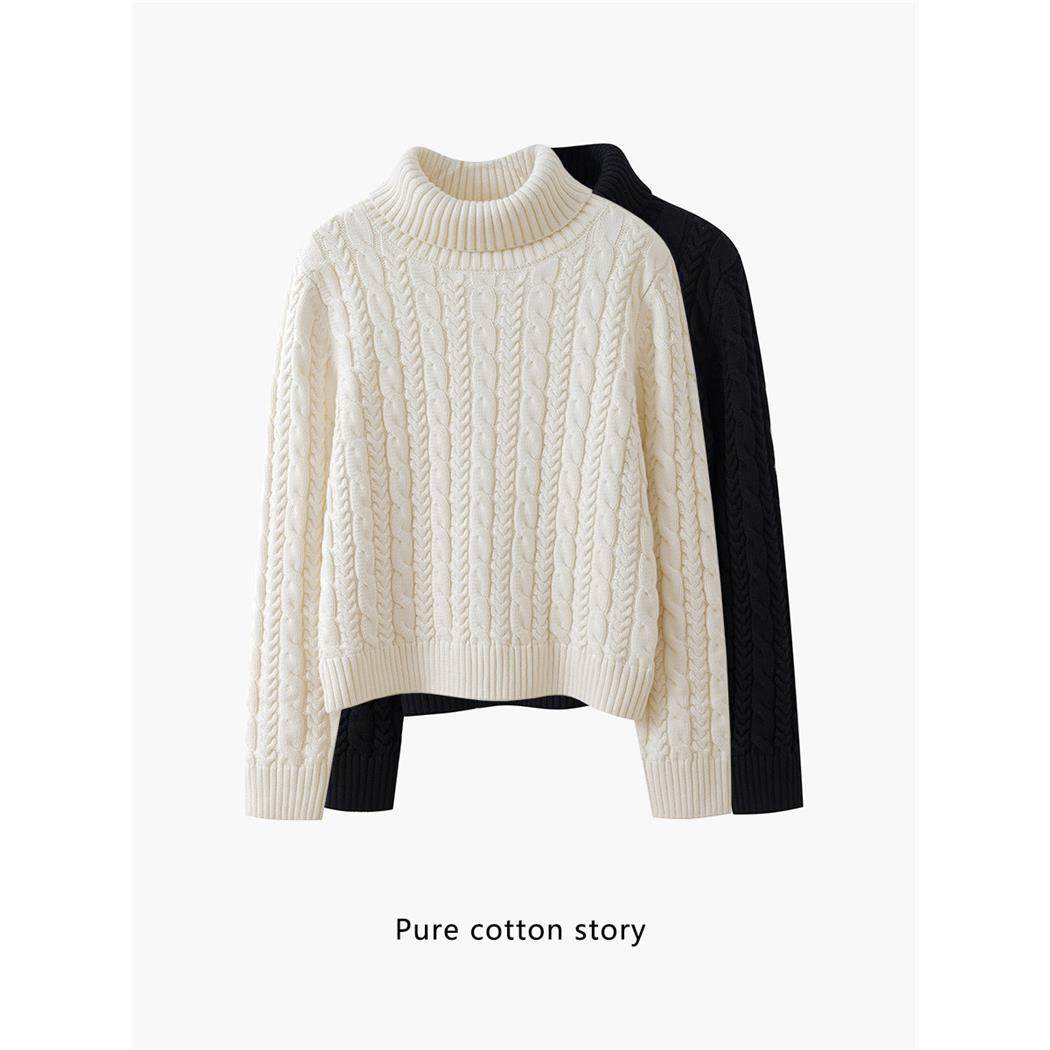 进口机扭绳 100%全棉 短款麻花高领毛衣女士打底针织衫加厚 宽松