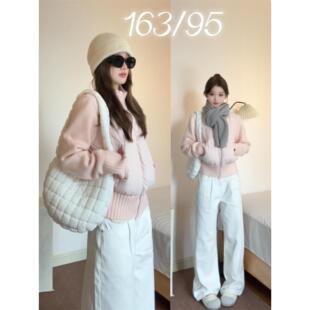 韩系温柔风粉色针织拼接棉服女冬季小个子减龄短款棉袄老钱风外套