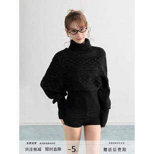 ARCG 黑色高领麻花针织毛衣女秋冬高级感收腰短款套头针织衫上衣